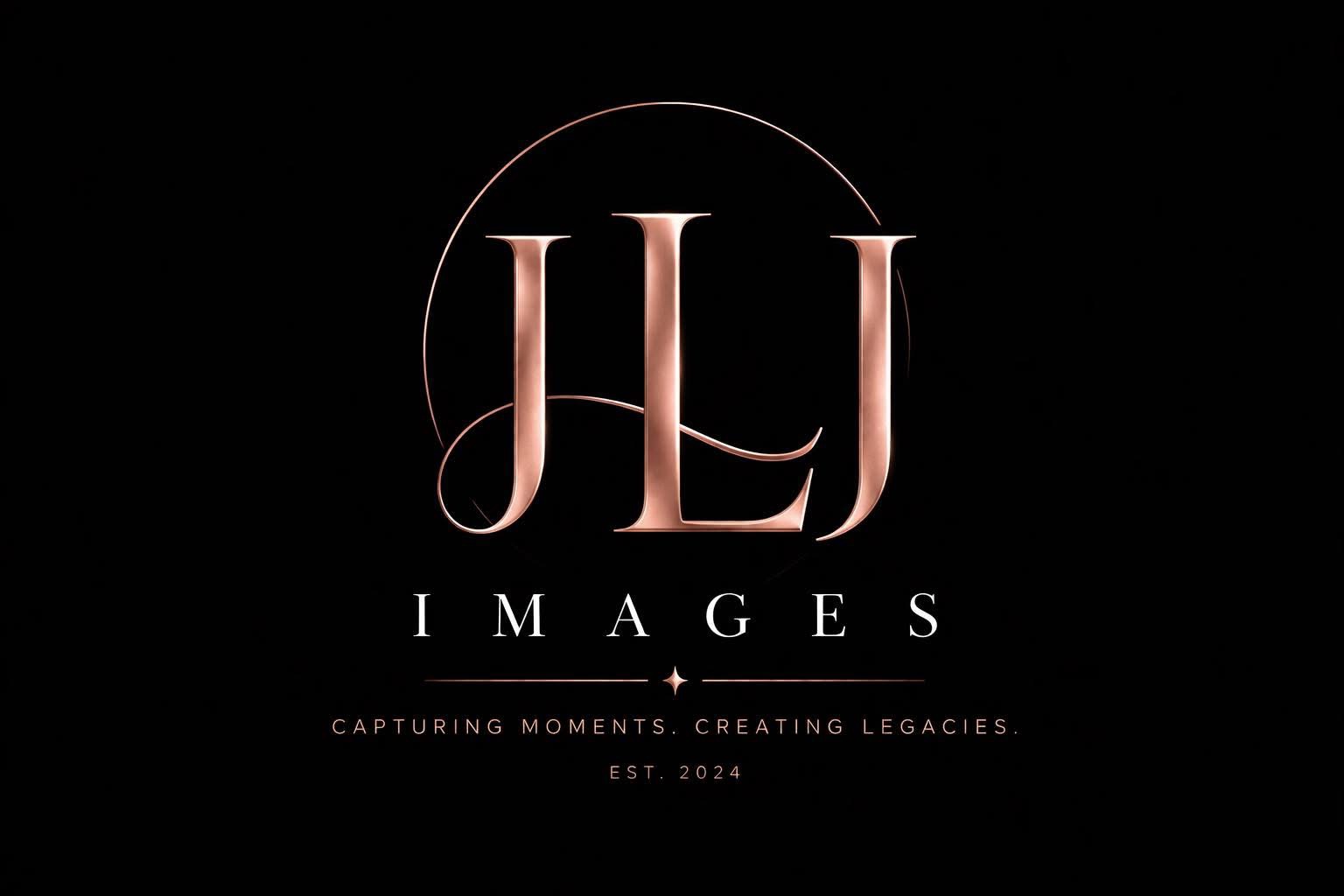 Black background with a circular logo containing the letters 'J' and 'L' in pinkish tones, and the words 'IMAGES' and 'CAPTURING MOMENTS, CREATING LEGACIES' below.