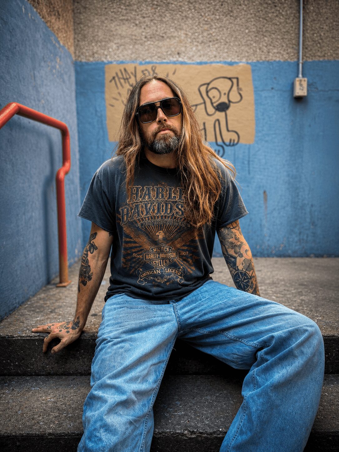 Man with long hair, sunglasses, and tattoos sitting on a step against a blue wall with a dog drawing, wearing a black T-shirt and jeans.