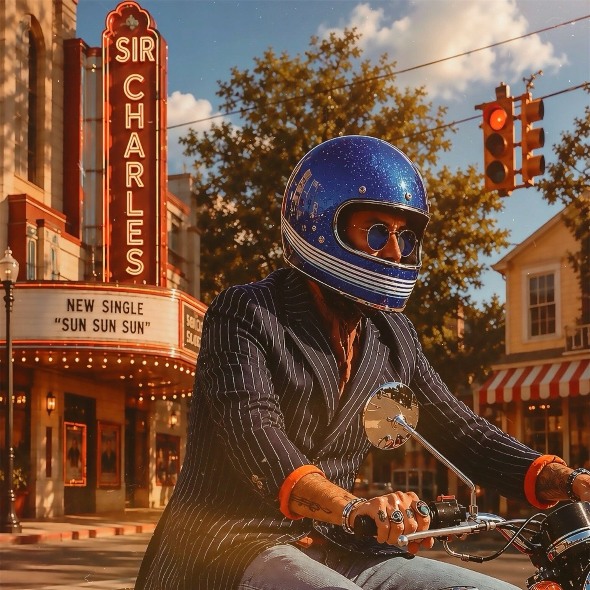 Person wearing a blue helmet and sunglasses riding a motorcycle on a city street with a theater sign and traffic light in background.