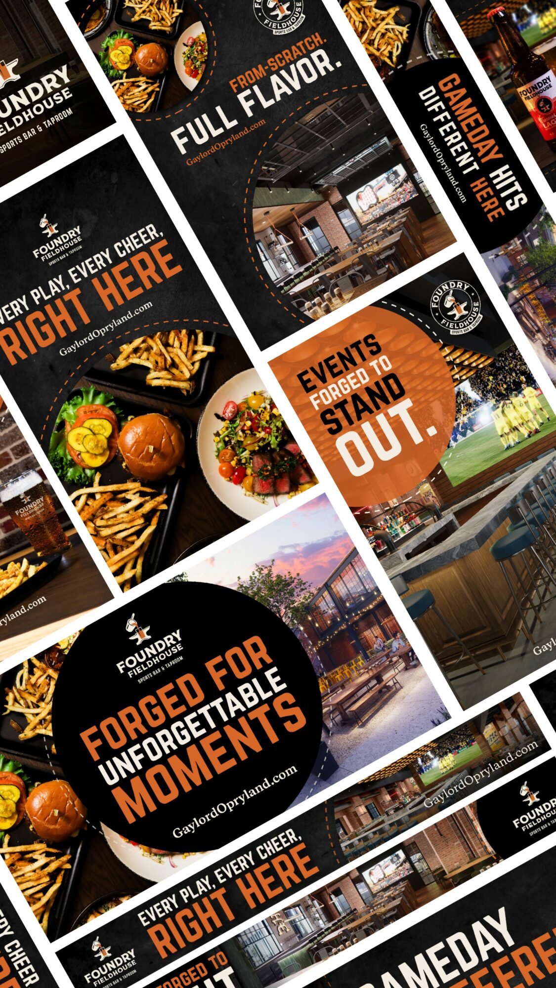 Collage of food, event, and restaurant images with text overlays, including dishes, drinks, and promotional messages.