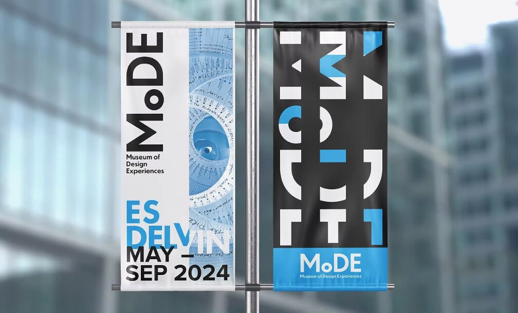 Two vertical banners advertising MoDE Museum of Design, with event dates in May and September 2024, and a blue eye graphic.