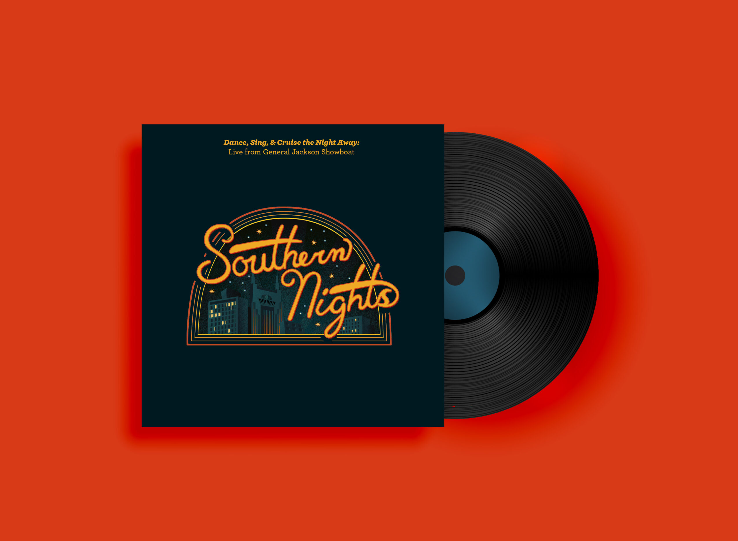 Vinyl record partially pulled out of album cover with 'Southern Nights' title, on red background.