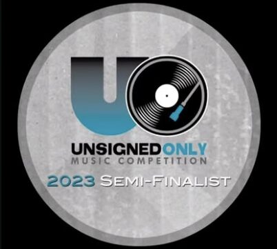 Logo for unsigned only music competition, 2023 semi-finalist, featuring a vinyl record and text, on a gray background.