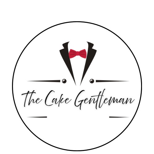 A circular logo with a tuxedo, red bow tie, and the text 'The Cake Gentleman' in elegant script.