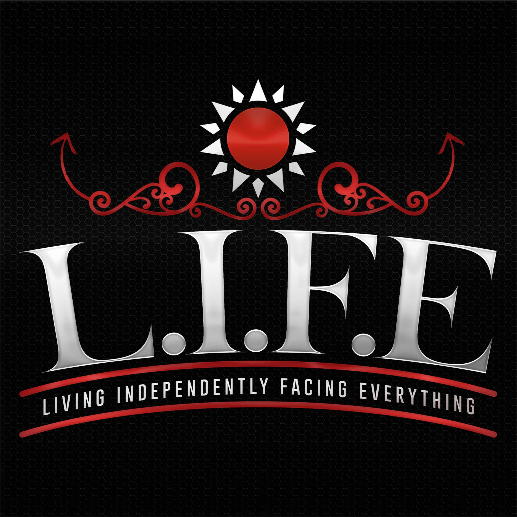 Logo with a red and white sun above stylized red swirls, text reads 'L.I.F.E' and 'Living Independently Facing Everything'.