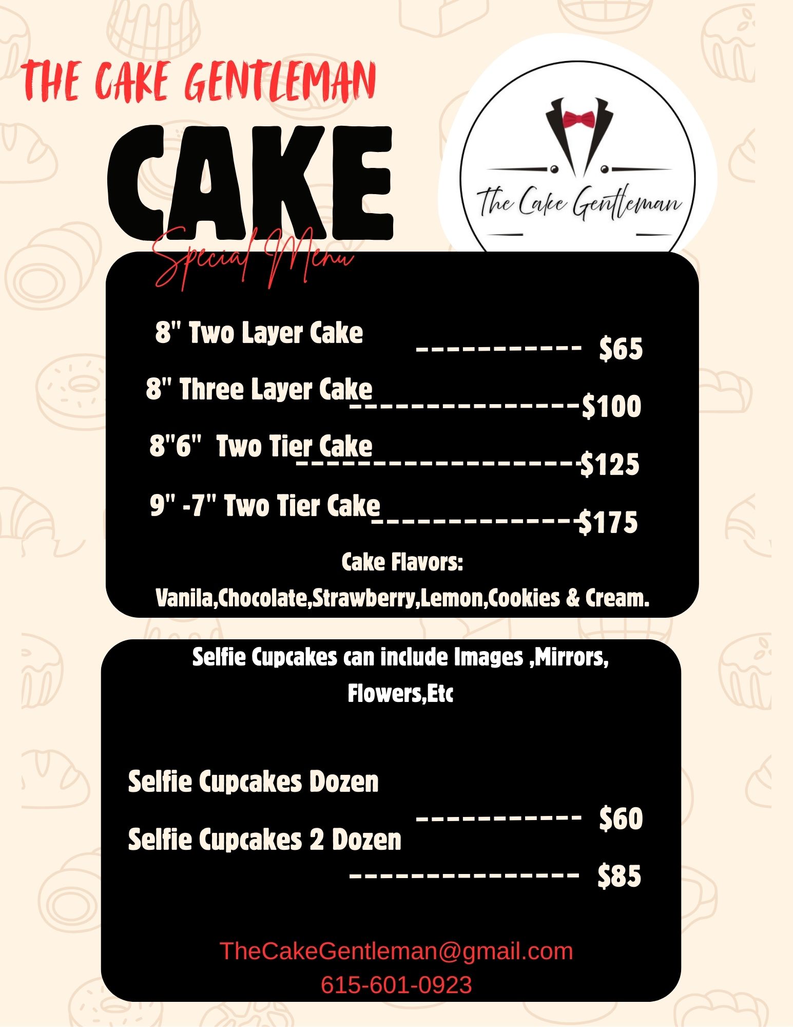 Menu listing various layered cakes, flavors, and prices, with contact email at the bottom.