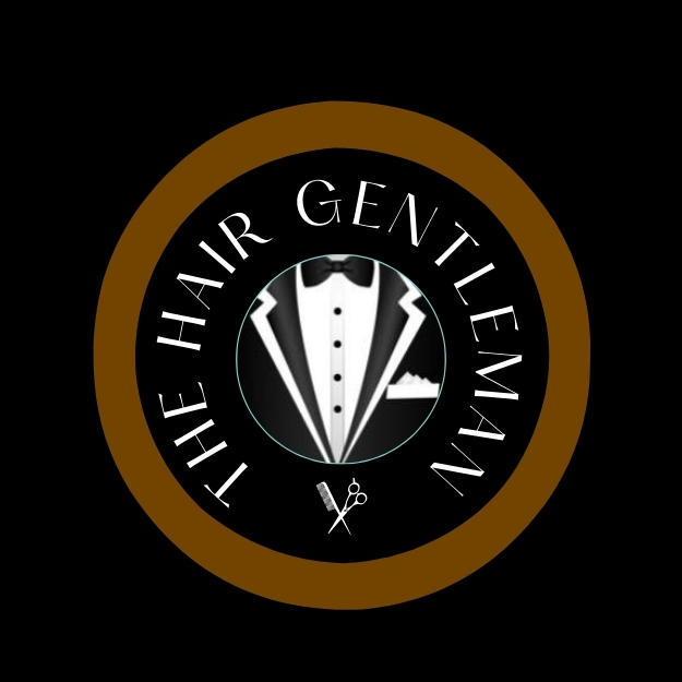 Logo with a tuxedo illustration, circular text reading 'The Hair Gentleman,' and a pair of scissors, on a black background.
