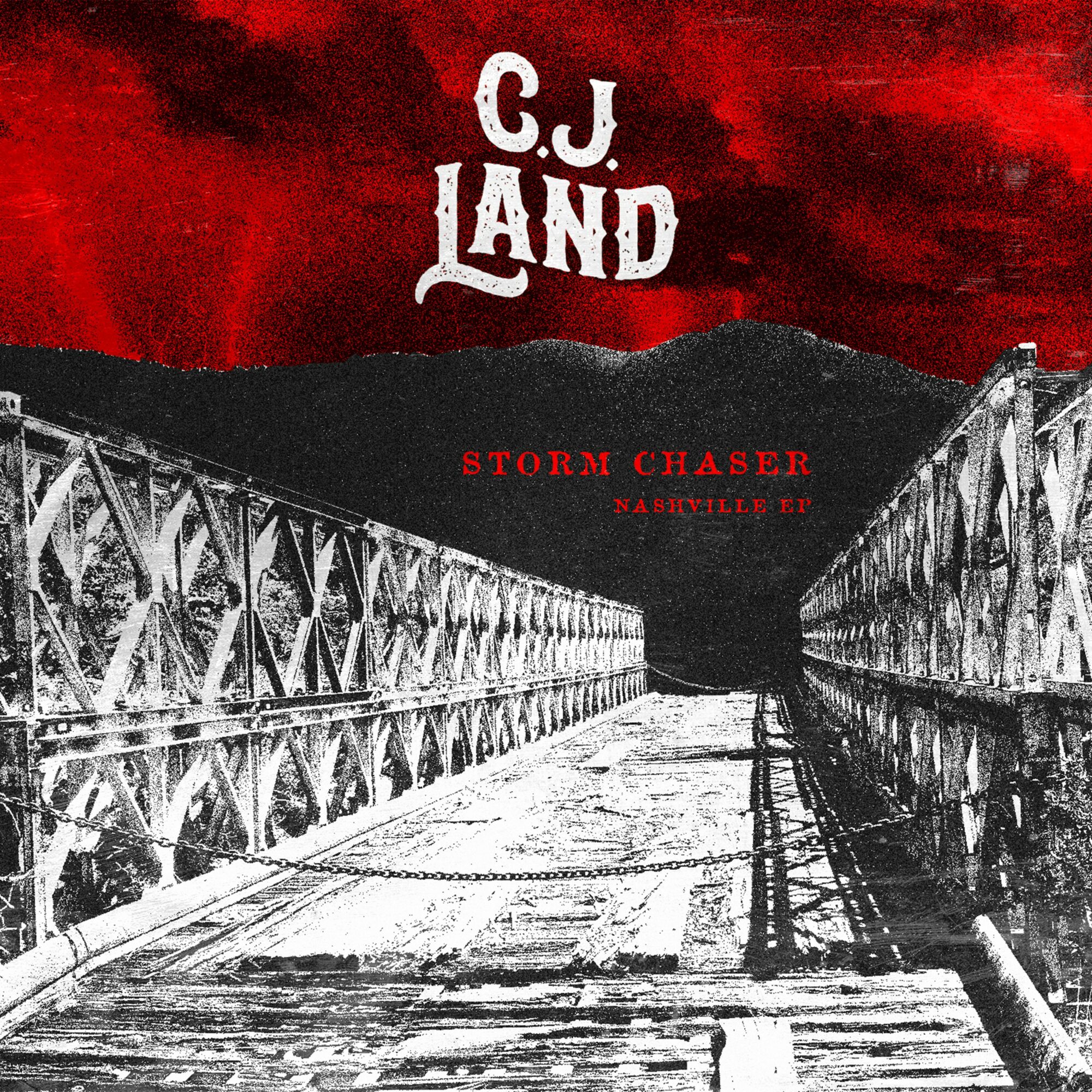 Bridge with mountains in background, red sky, text 'C.J. LAND' and 'STORM CHASER' on cover, black and white image.