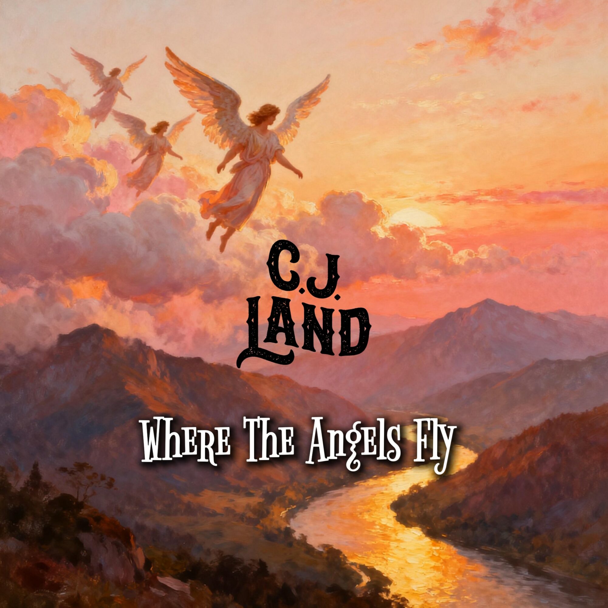 Four angels flying over mountains and a river at sunset, with text 'CJ LAND' and 'Where The Angels Fly'.