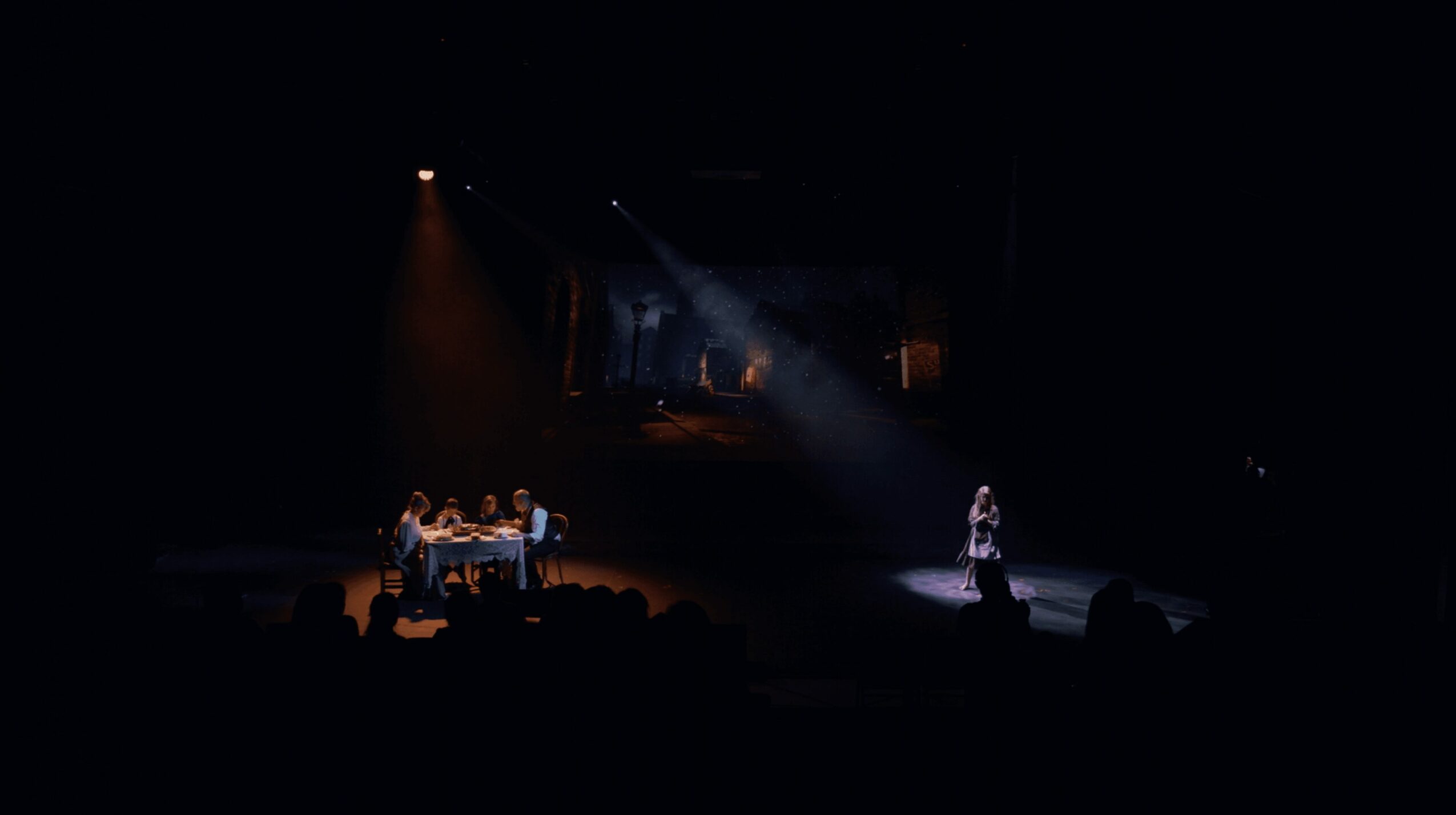 Stage with performers, spotlight on one person, audience in darkness, dim lighting, concert or theater setting.