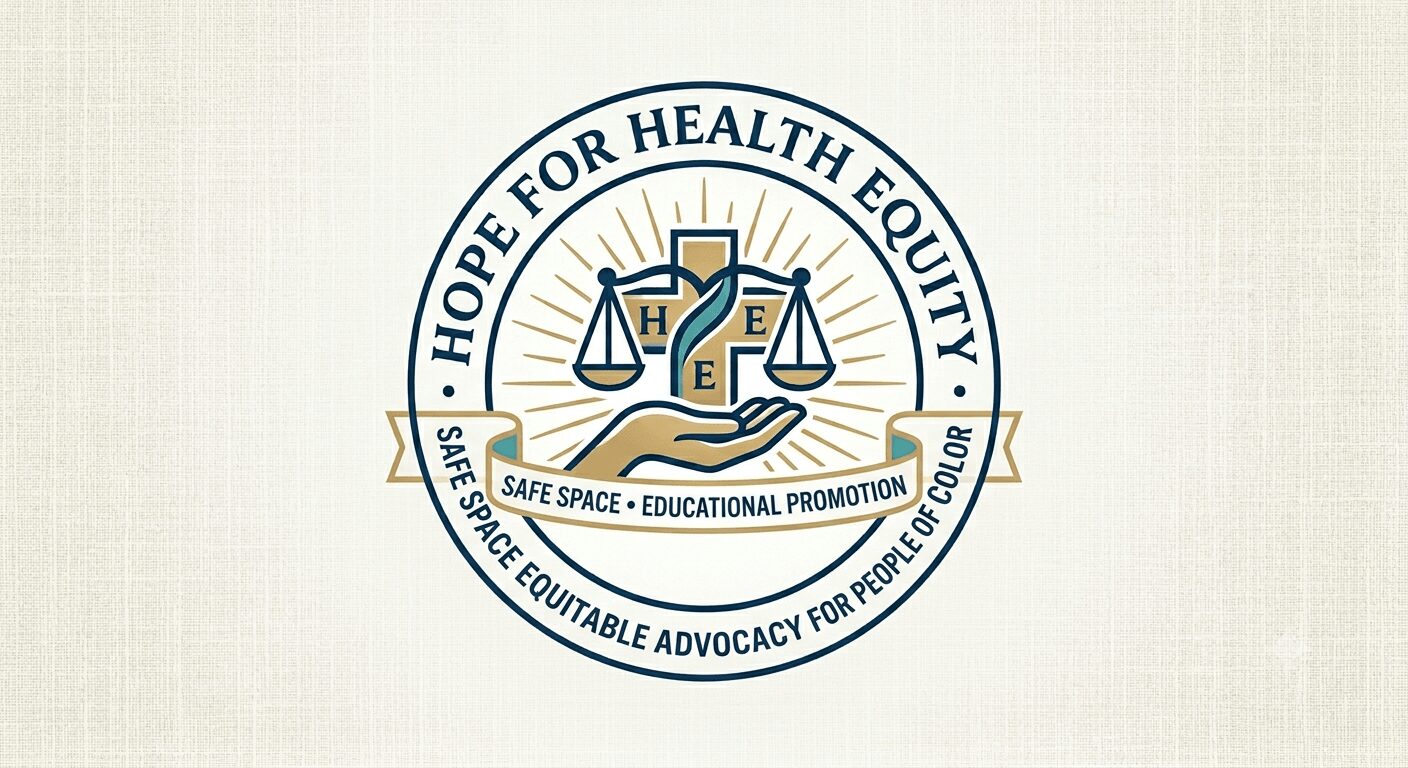 Logo with scales, a caduceus, and a book, surrounded by text about health equity and advocacy.