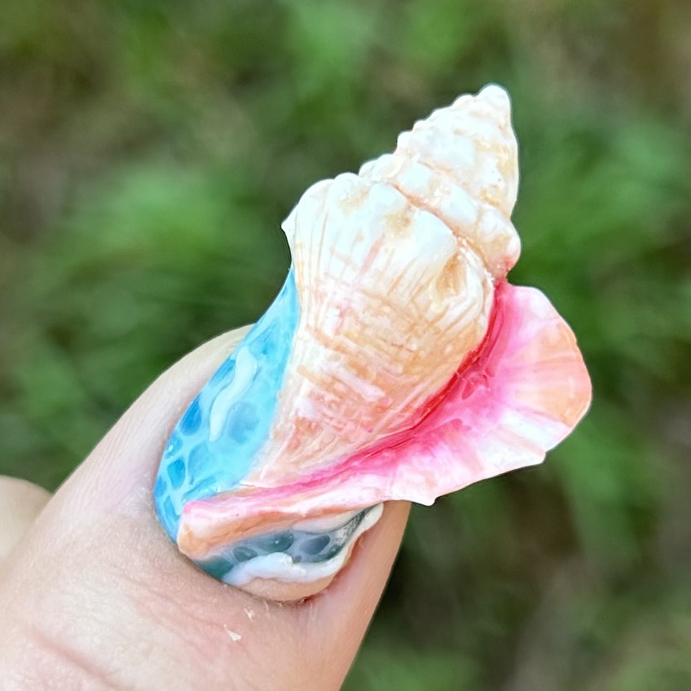 Hand holding a colorful seashell-shaped object with blue, pink, and white colors, against a green blurred background.