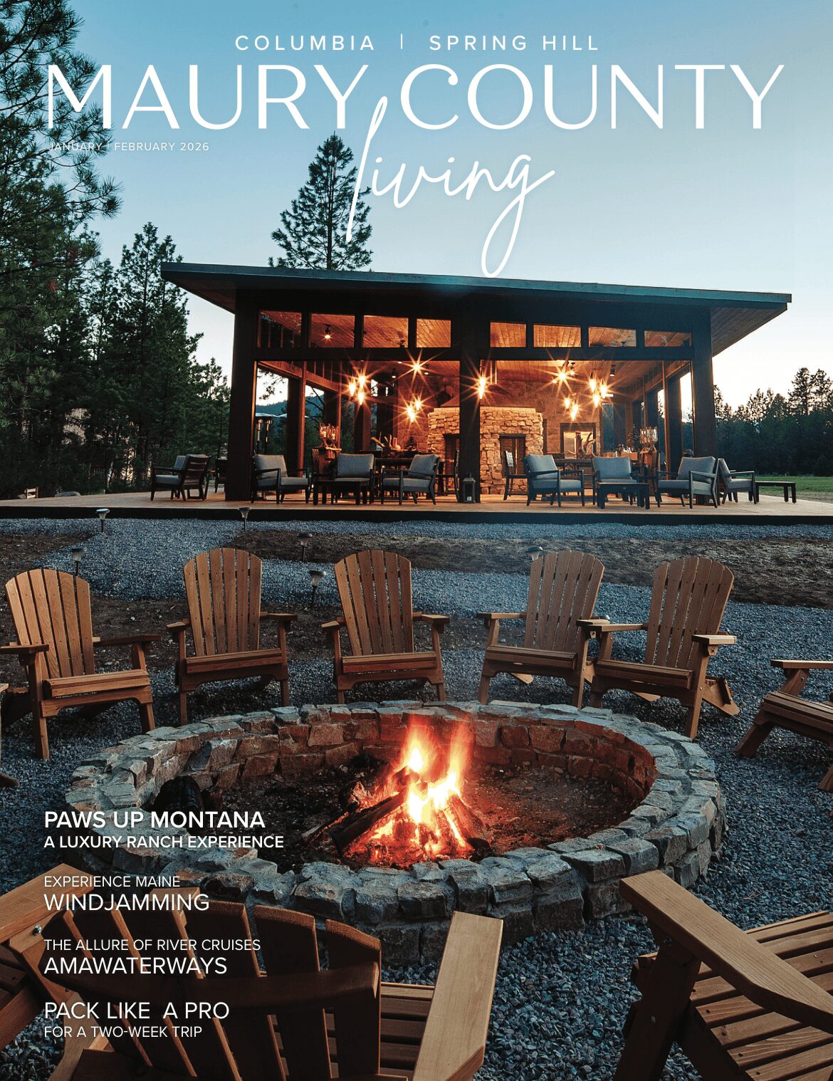 Outdoor pavilion with string lights, surrounded by chairs and a fire pit, trees in the background, evening sky.