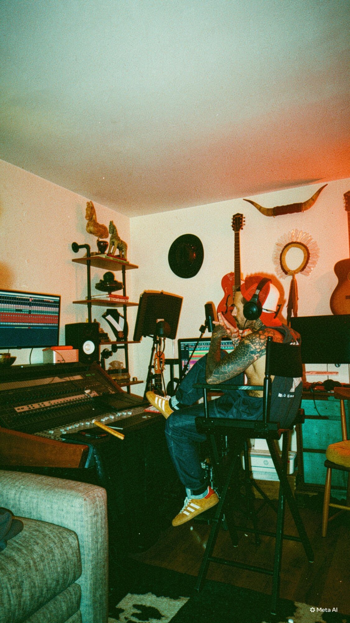 Music studio with instruments, shelves, and a person sitting at a keyboard, surrounded by chairs and musical equipment.