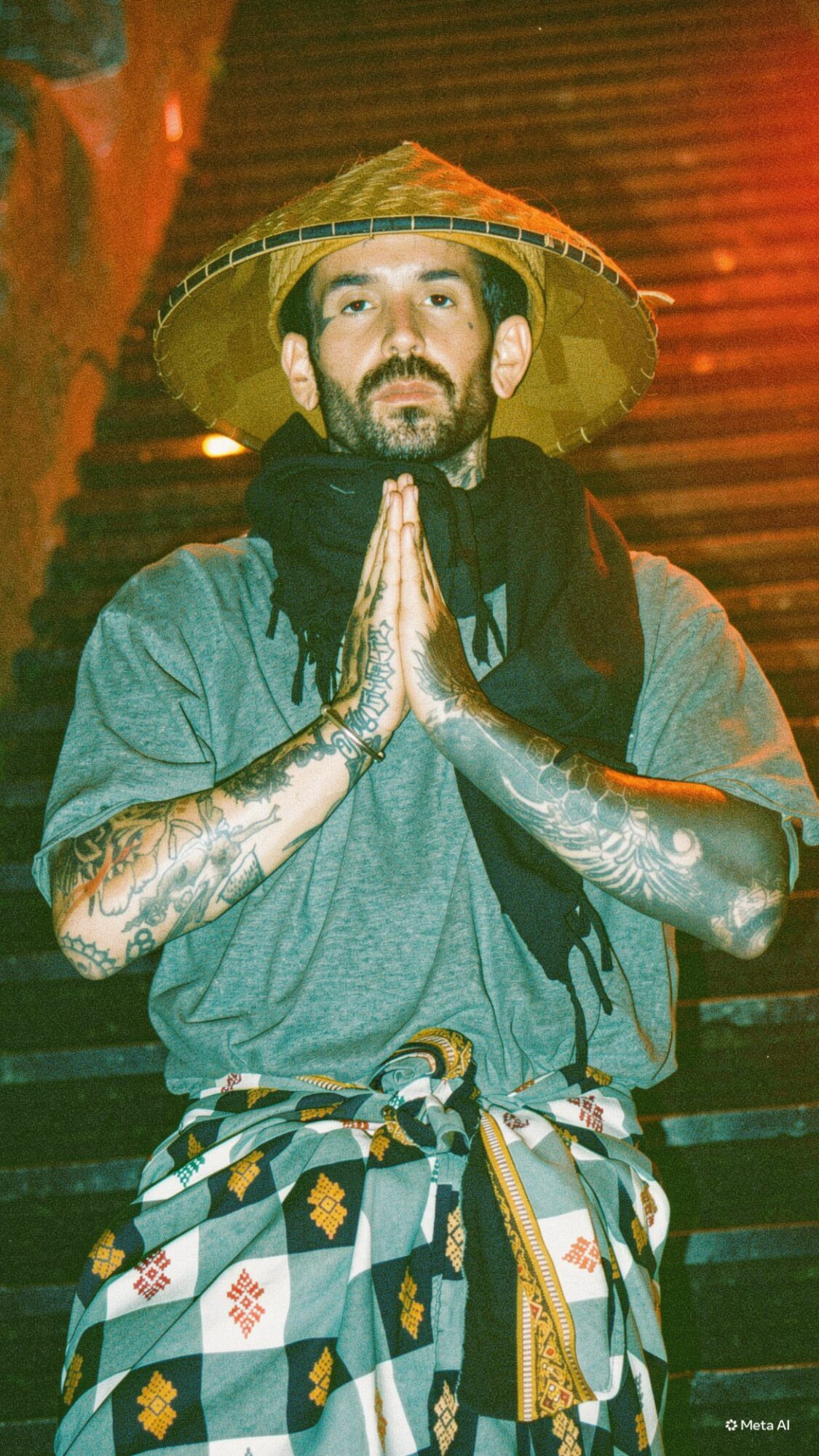 Person with a beard and tattoos, wearing a traditional hat, holding hands in prayer position, standing on stairs at night.