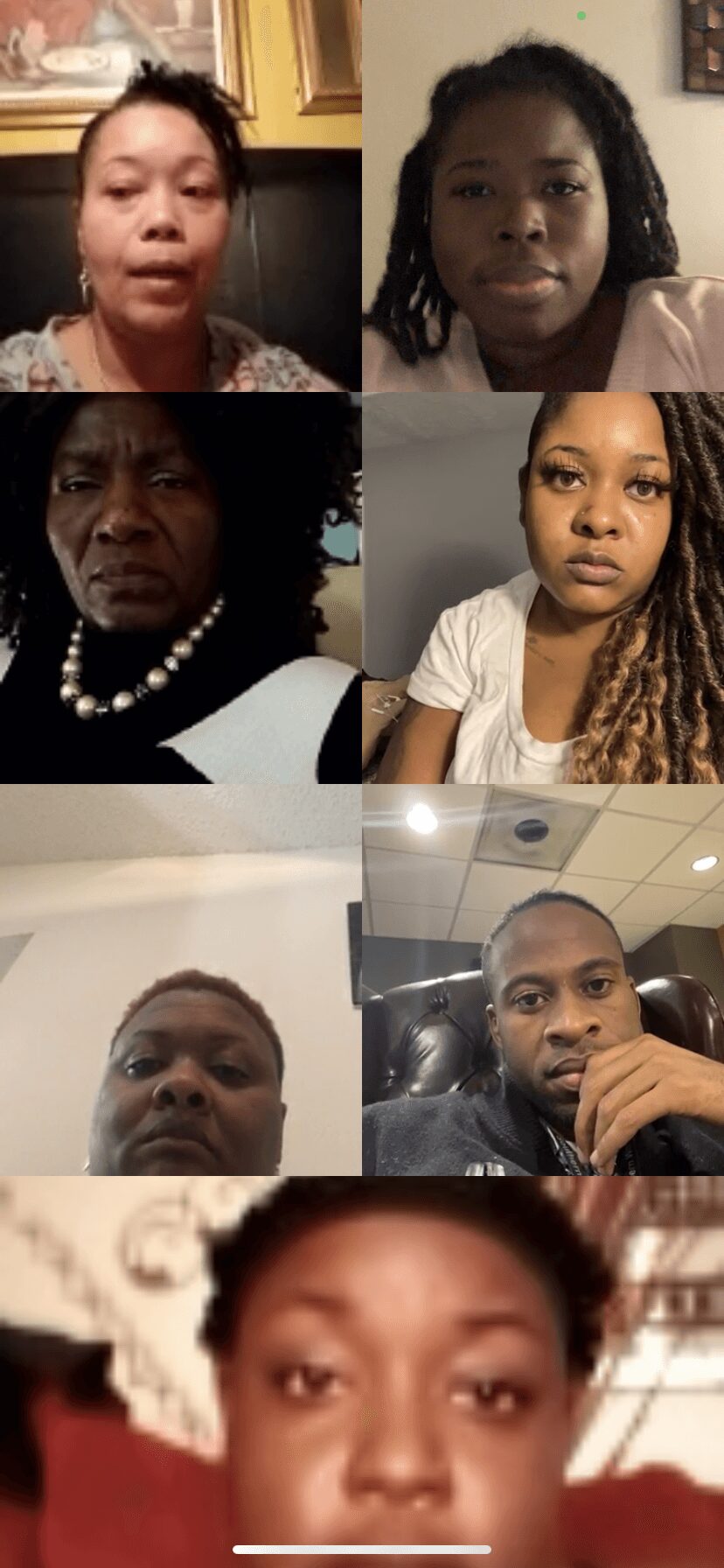 Six people in a video call, some looking at the camera, background varies, one person resting their chin on hand.