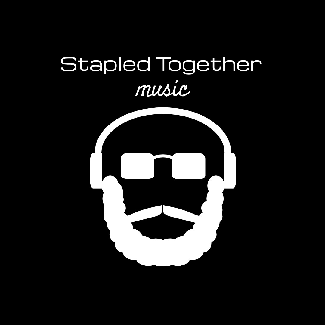 Black background with white text and a graphic of headphones and glasses, with a beard, representing music and connection.