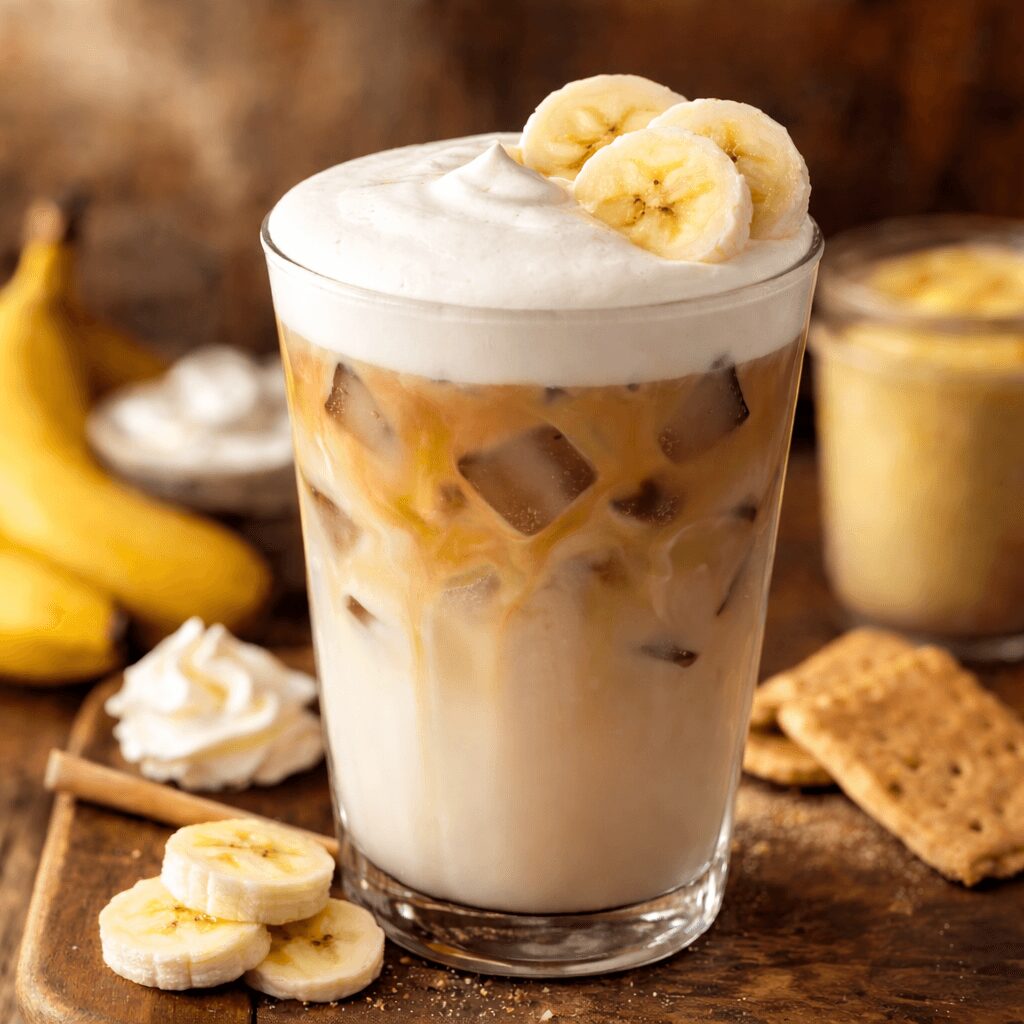 A glass of iced banana-flavored drink topped with banana slices, with bananas, whipped cream, and cookies around it.