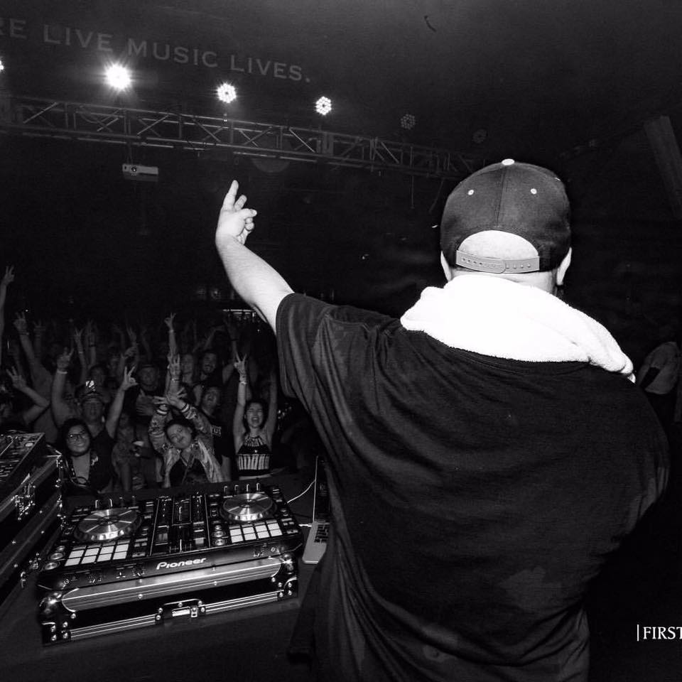 DJ performing at a concert with a crowd raising hands, stage lights, and a sign reading 'LIVE MUSIC LIVES.'