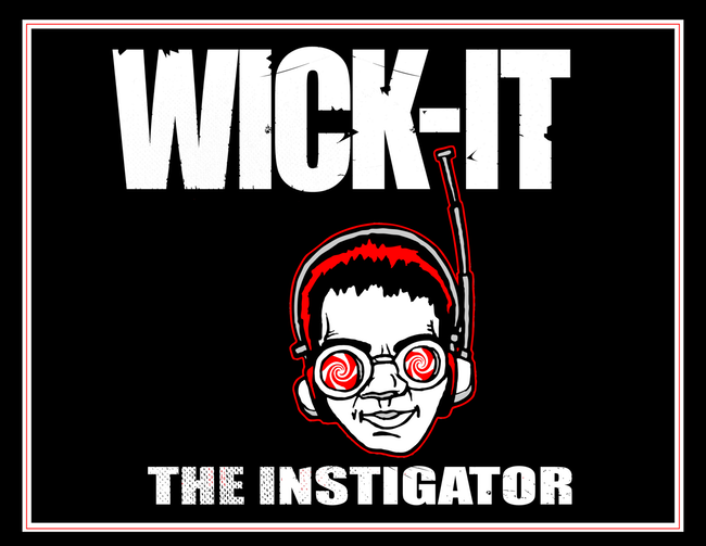 A graphic with text 'WICK IT' and 'THE INSTIGATOR', featuring a person with headphones and spiral eyes, on a black background.