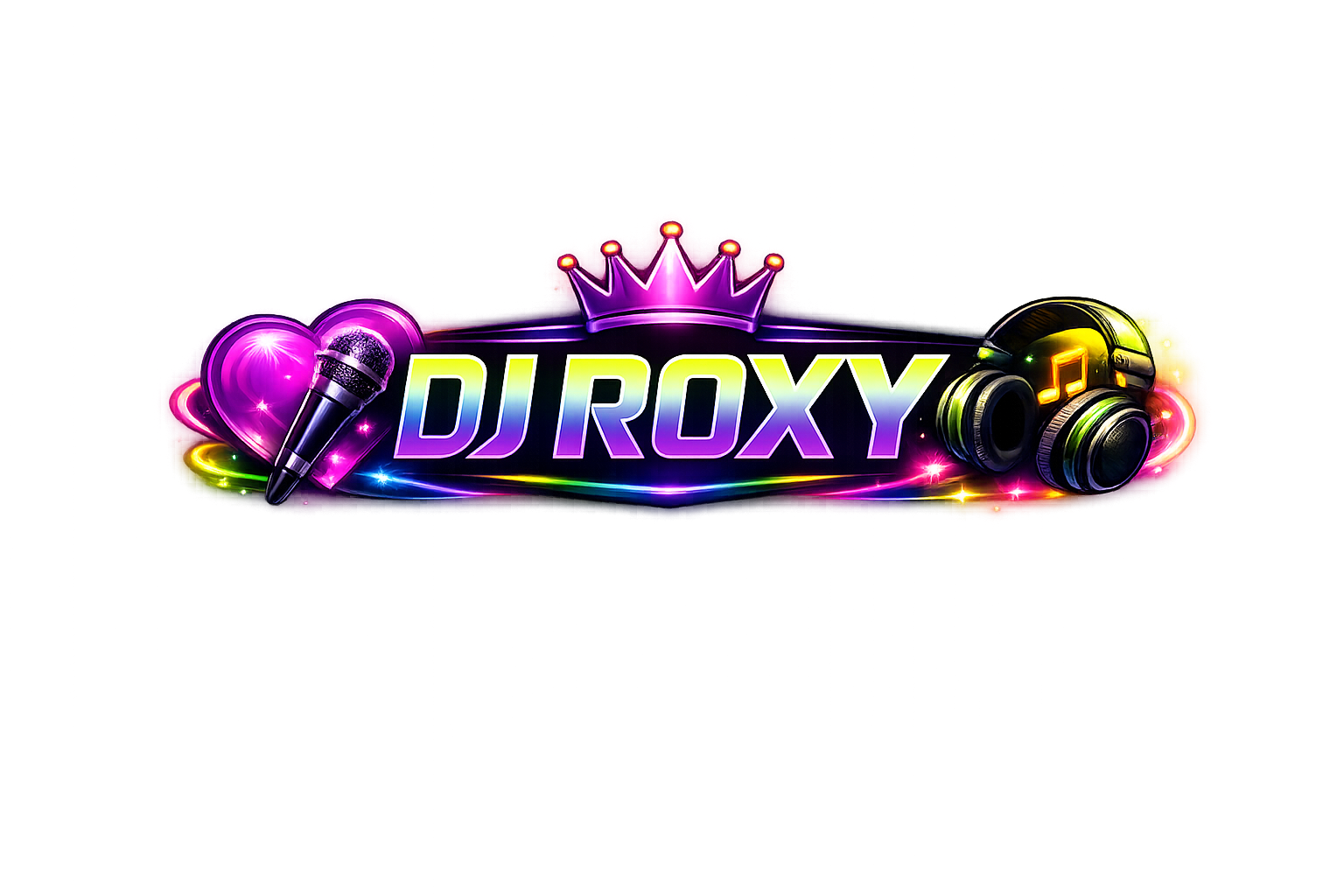 Colorful DJ Roxy logo with microphone, crown, and music icons on black background.