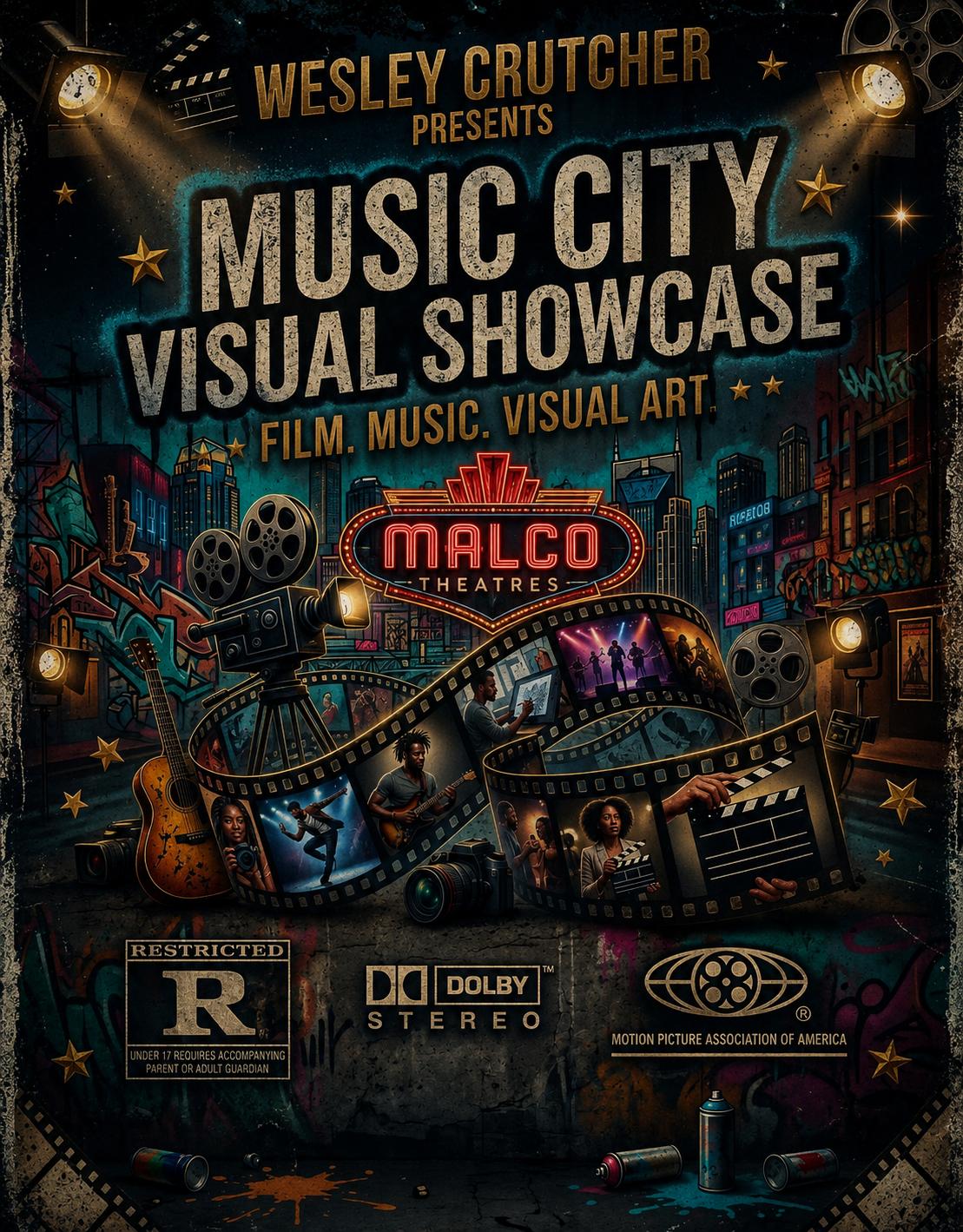 Poster for Music City Visual Showcase featuring film, music, and visual art, with film reels, guitars, and a cityscape background.