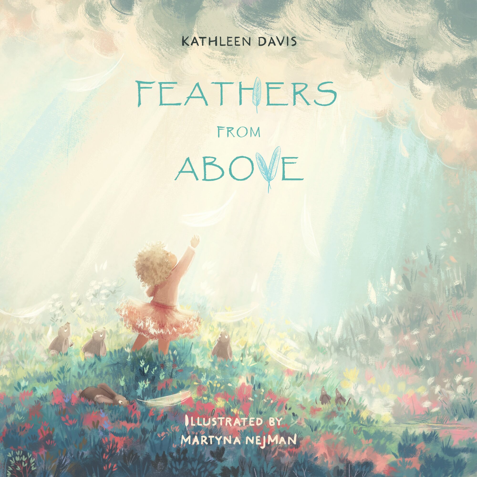 Children in a colorful field reaching toward the sky with sunlight streaming down, book cover for 'Feathers from Above'.