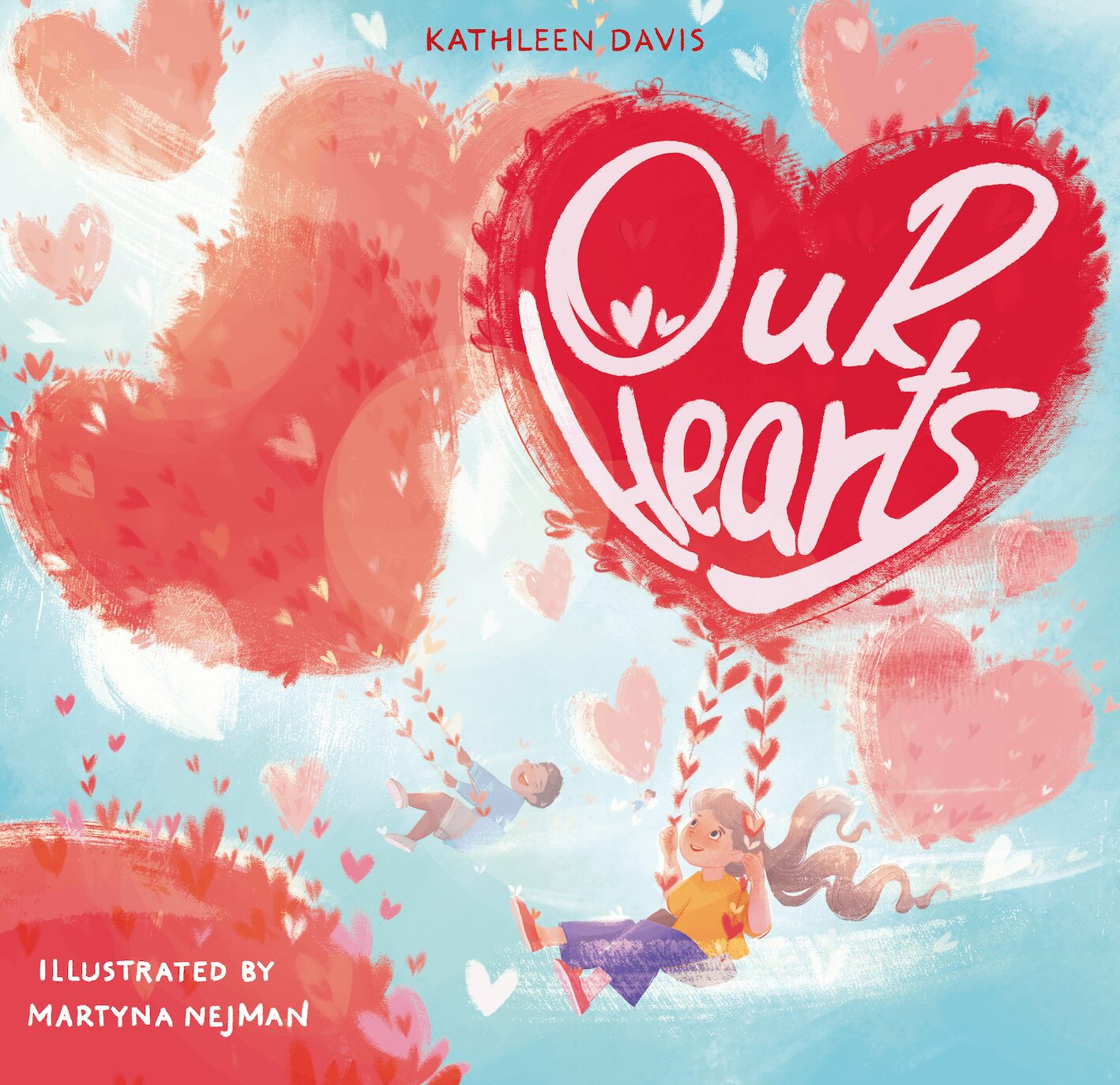 Book cover with pink and red hearts, a girl swinging, and the title 'Our Hearts' in a red heart shape.