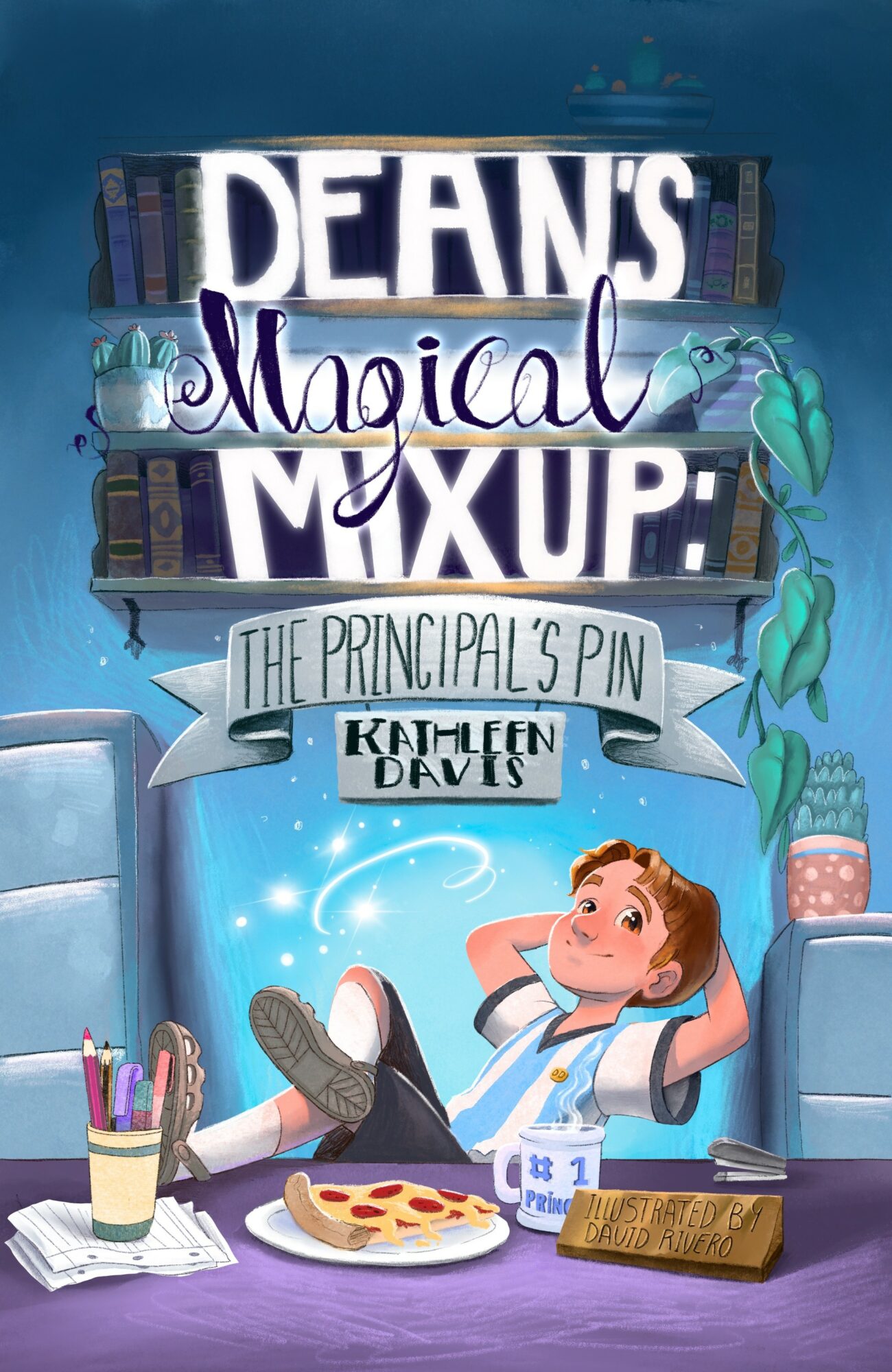 Book cover titled 'Dean's Magical Mixup: The Principal's Pin' shows a girl relaxing with snacks and a pizza, surrounded by books and plants.