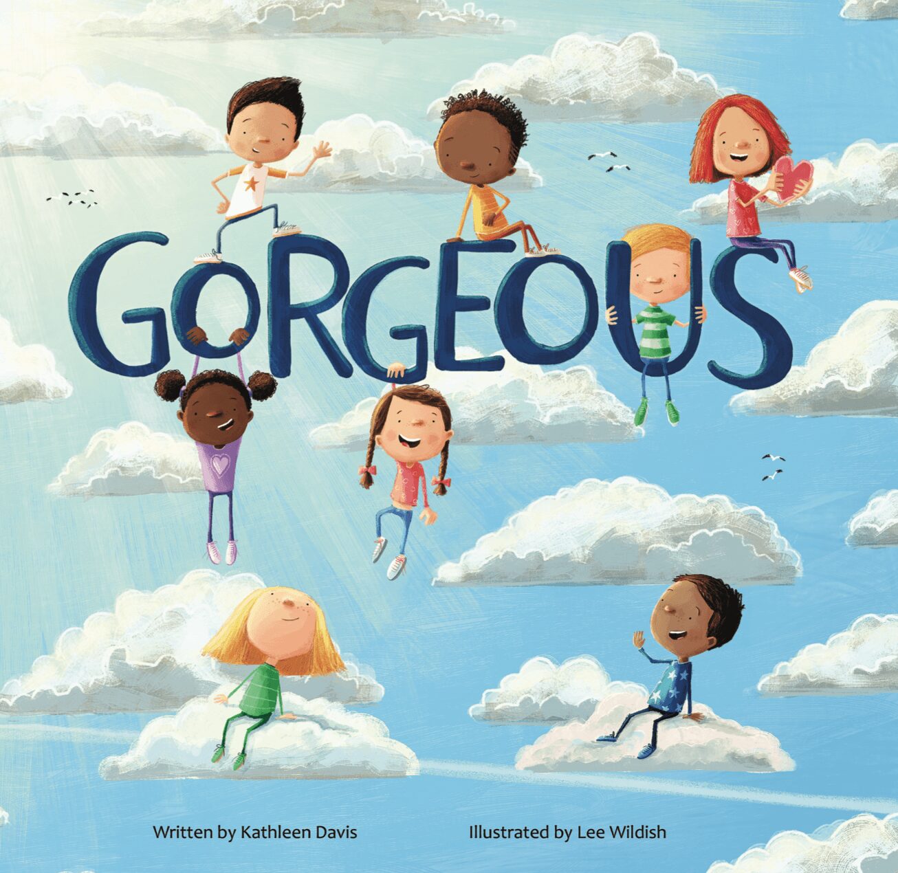 Children sitting and playing on clouds in sky with the word 'GORGEOUS' in large letters, colorful and cheerful scene.