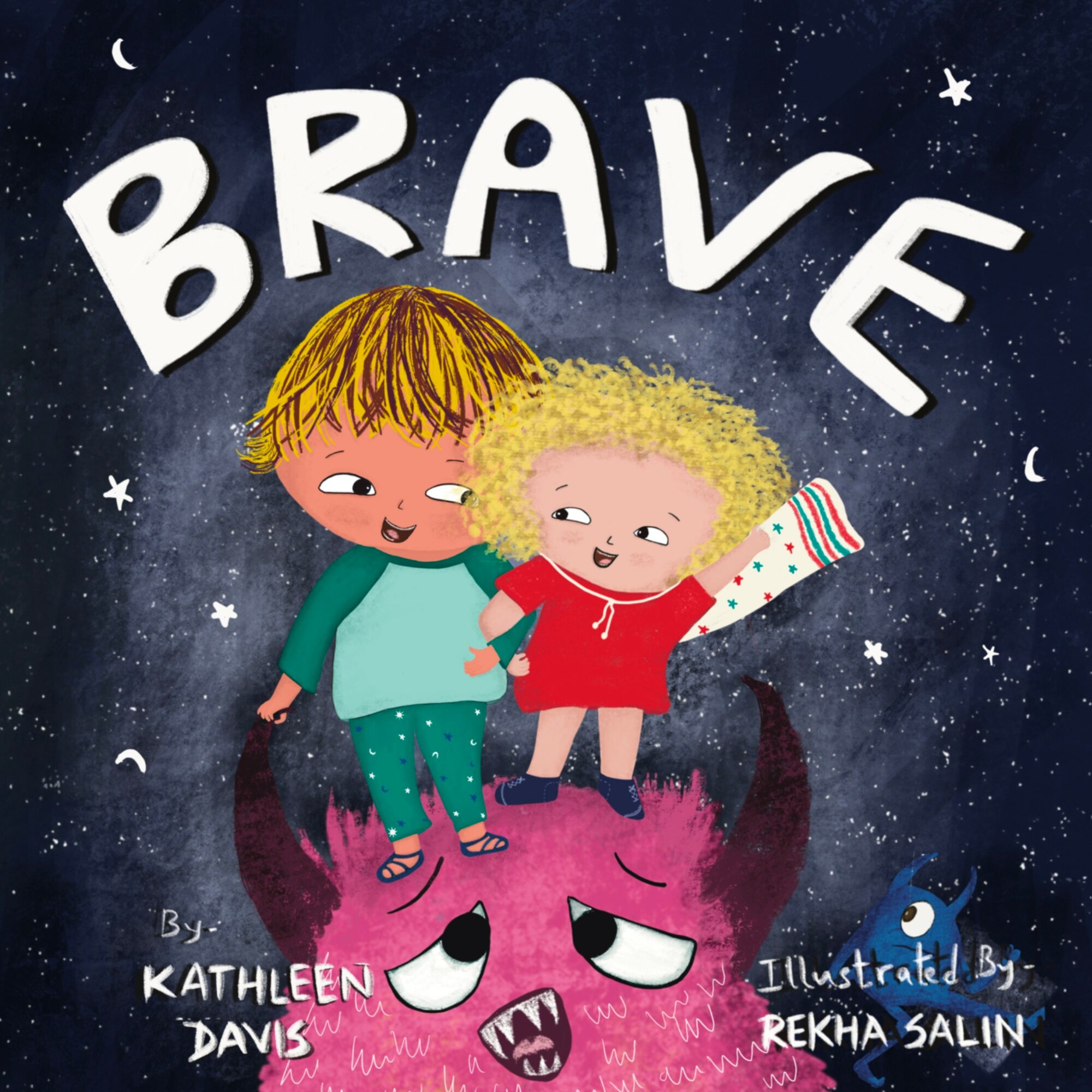 Two children smiling, one with curly hair, on a pink creature with a sad face, starry night background.
