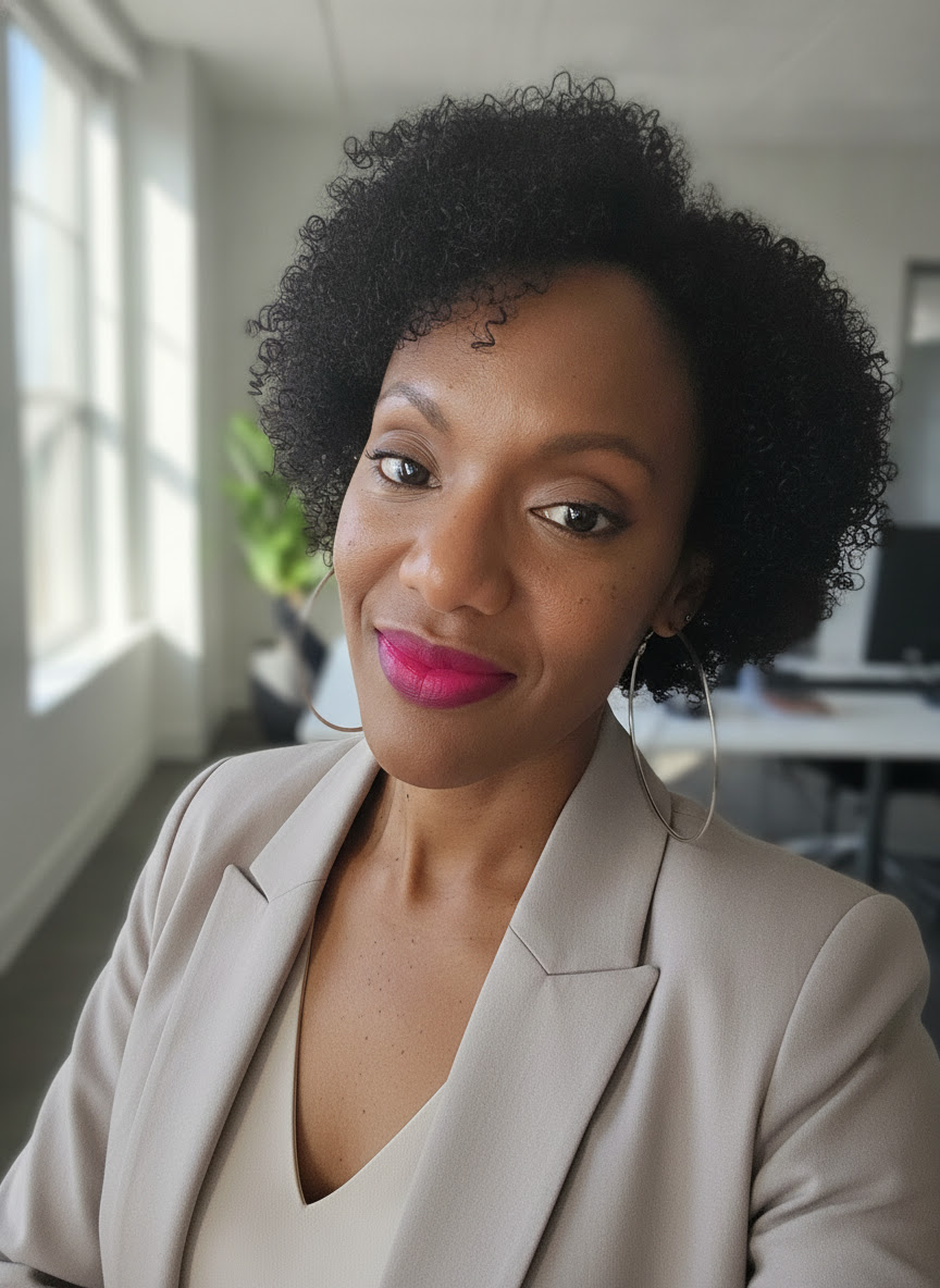 Portrait of a woman with natural curly hair, wearing a beige blazer, smiling, in a bright room with windows and plants