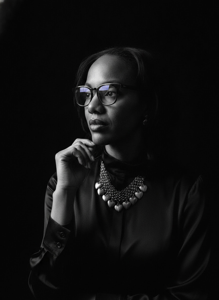 Woman with glasses and necklace, hand near chin, dark background, serious expression.