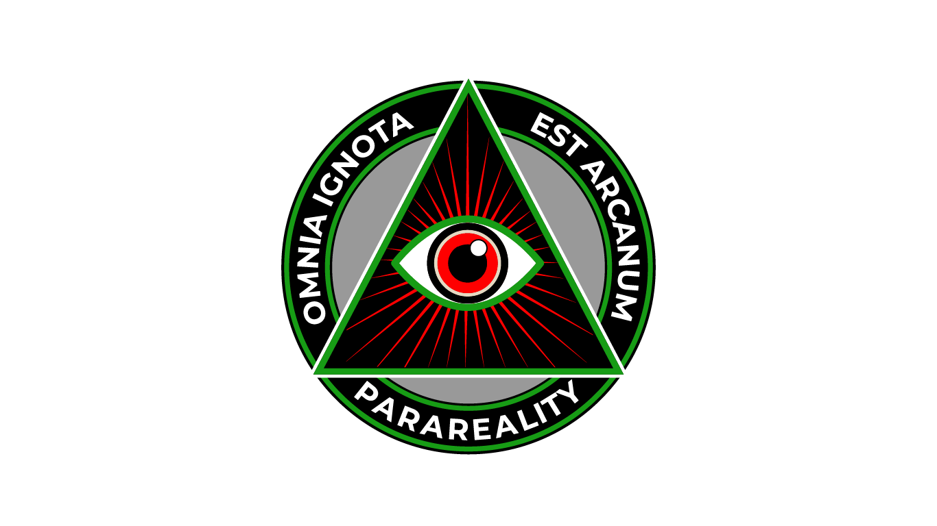 A triangle with an eye inside, surrounded by Latin text and a green circle, on a black background.