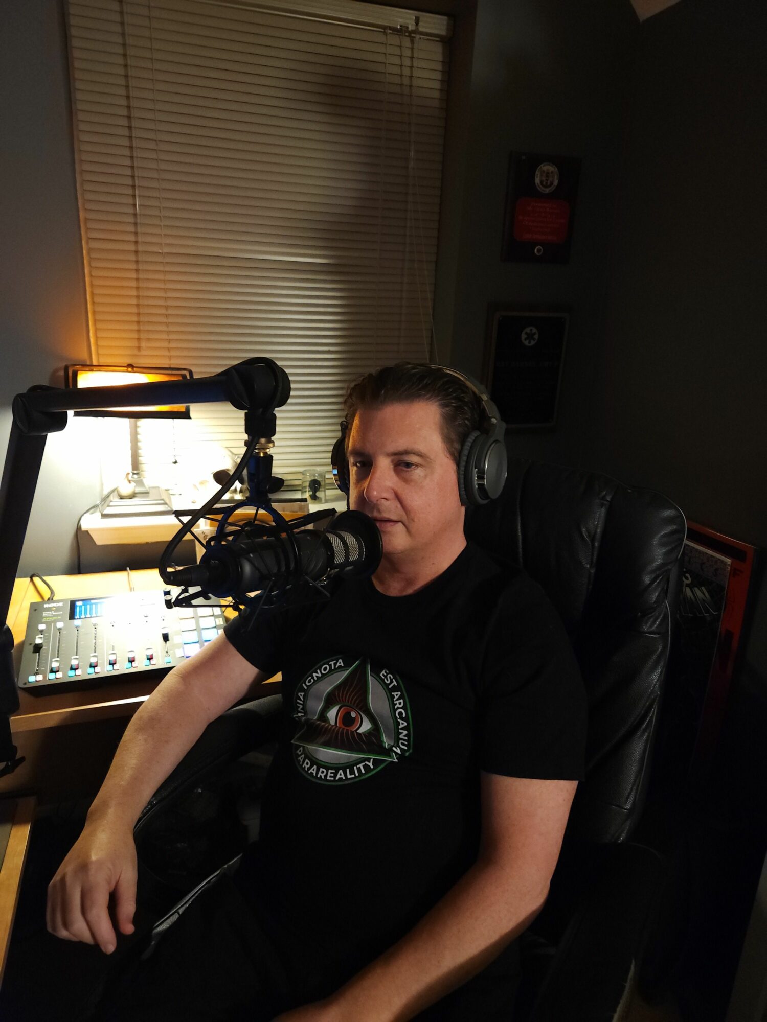 Person with short dark hair wearing a black T-shirt, sitting in a recording studio with a microphone and sound equipment.
