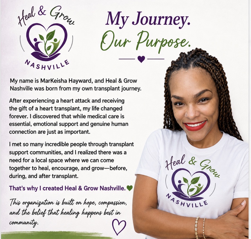 Smiling woman with curly hair wearing a white Heal & Grow Nashville t-shirt, standing with arms crossed, text about her journey and purpose.
