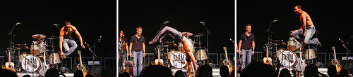 Four images of a band performing on stage with drums and microphones, with a dark background.