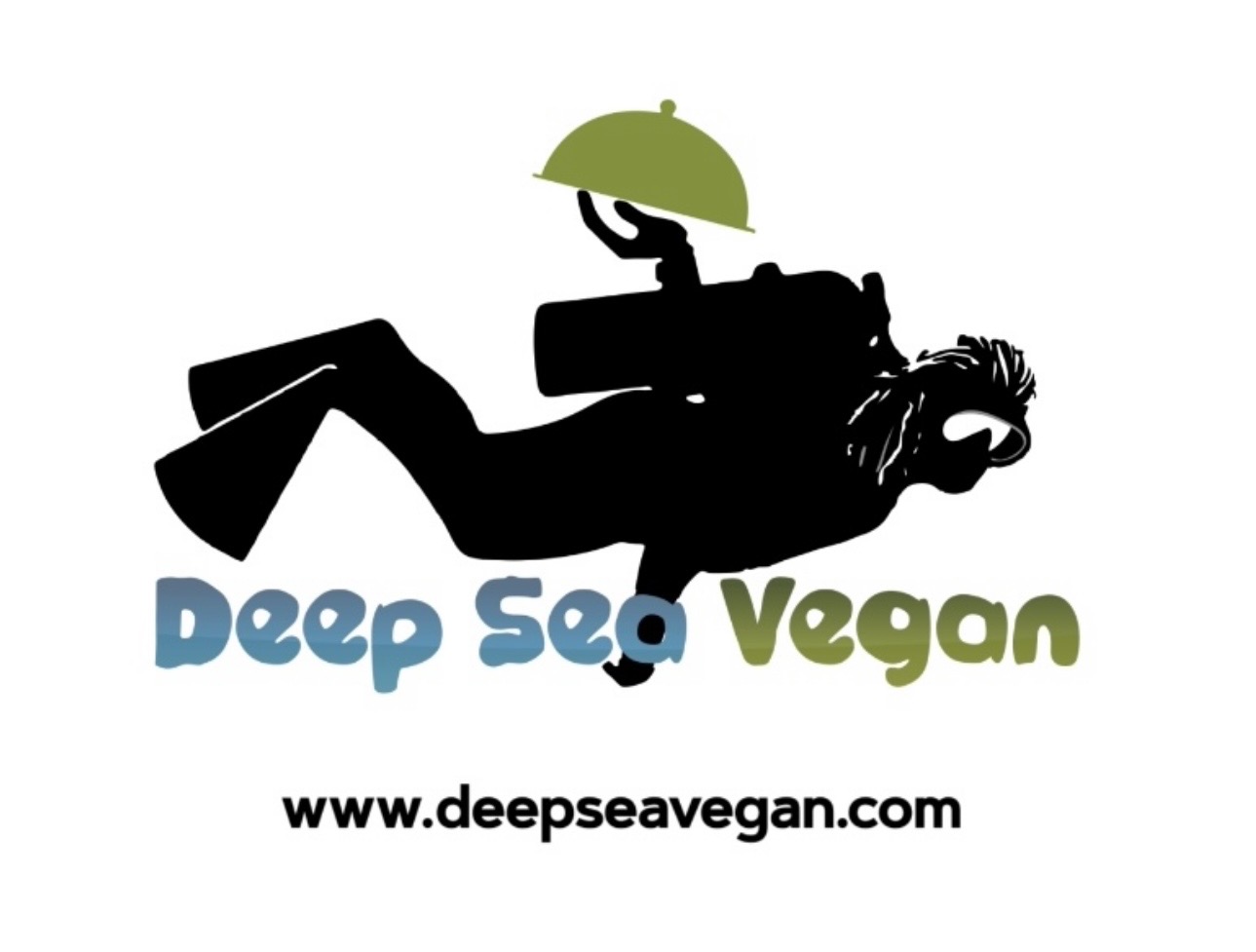 A black silhouette of a person with a lion's head holding a green umbrella, with text 'Deep Sea Vegan' and website below.