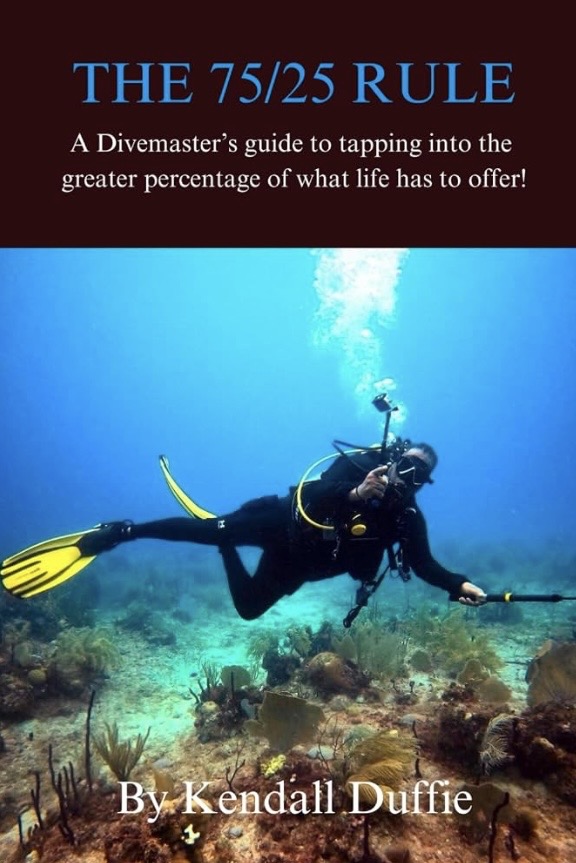 Scuba diver underwater with coral, holding a spear, blue water background, title and author text overlay.