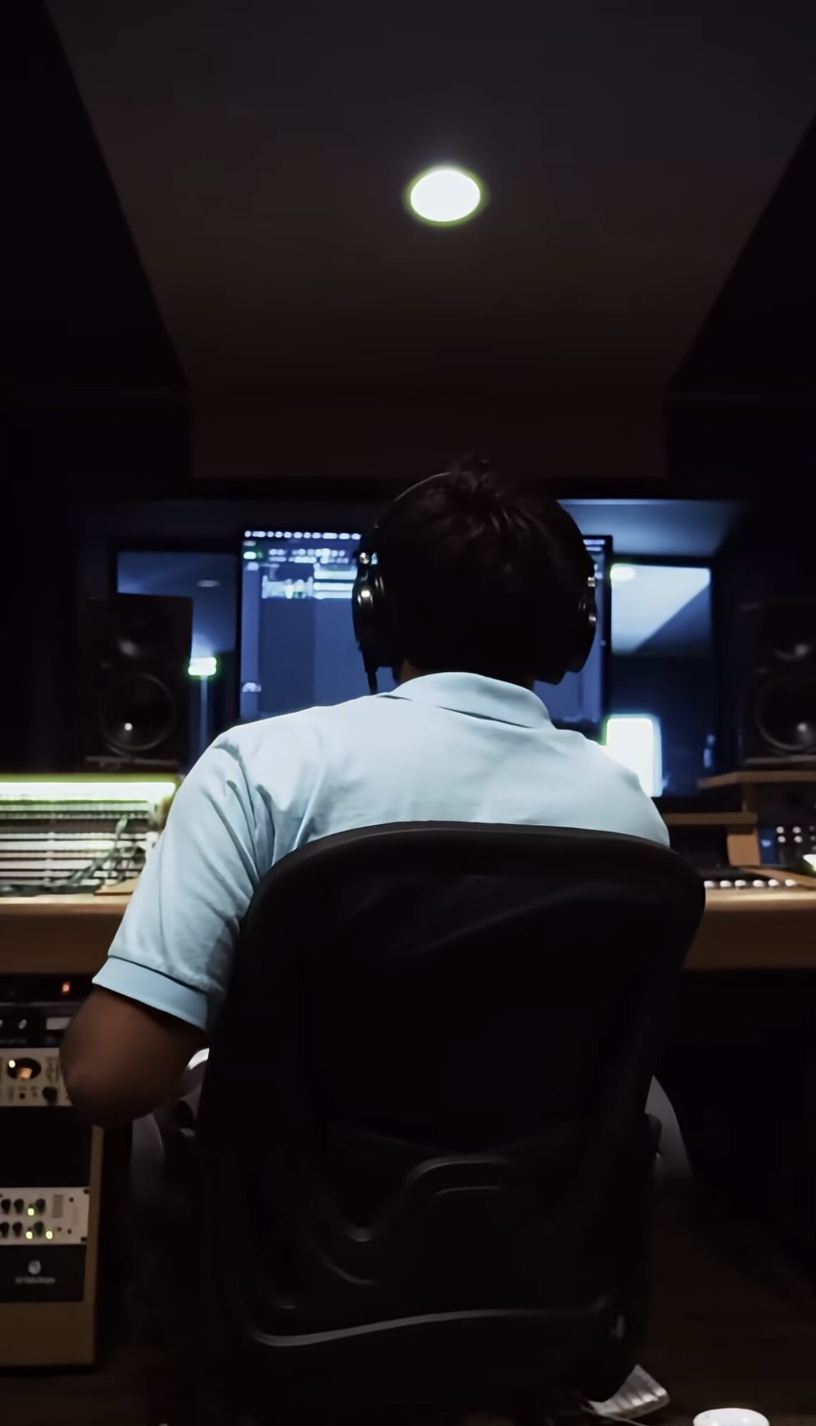 Person with dark hair in a recording studio, facing computer screens and audio equipment, with a ceiling light overhead.