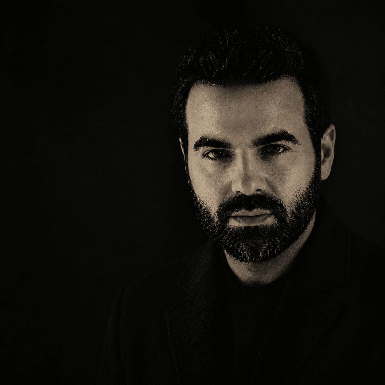Portrait of a man with dark hair and beard, wearing dark clothing, against a black background.