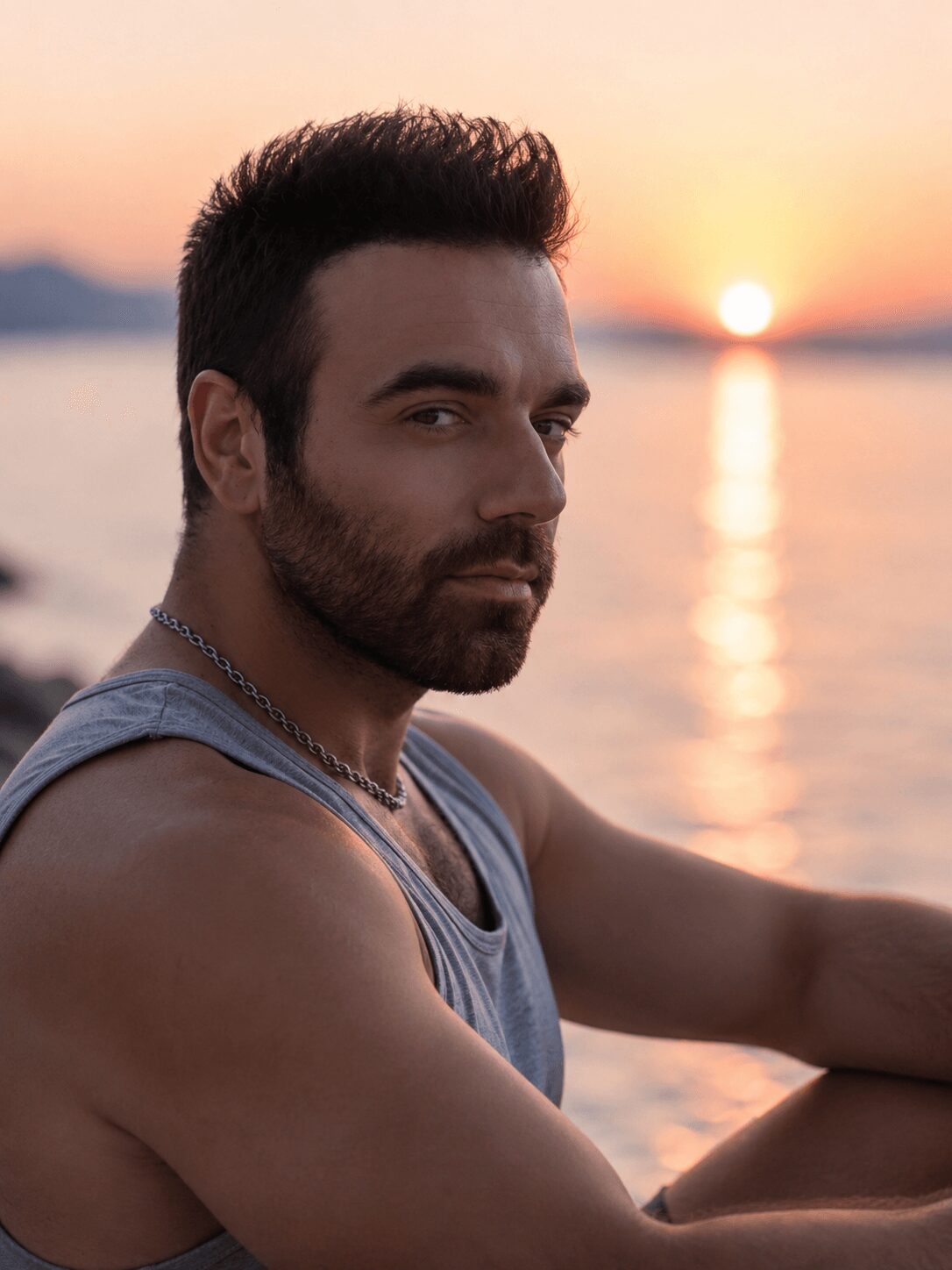 Man with dark hair and beard sitting by water during sunset, looking at camera, wearing a sleeveless shirt.