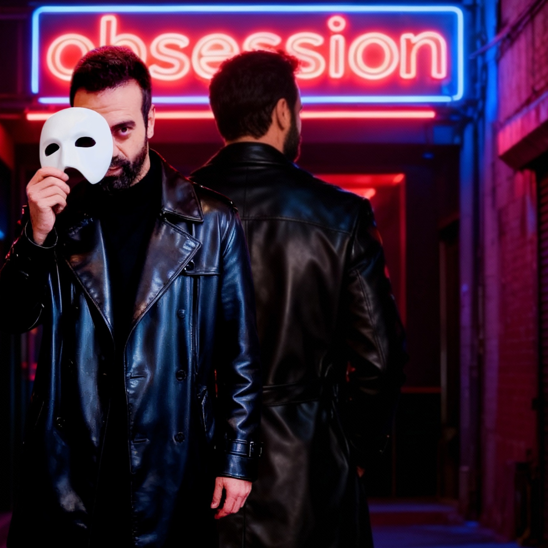 Two men in leather jackets stand in front of a neon sign, one holding a white mask, at night.