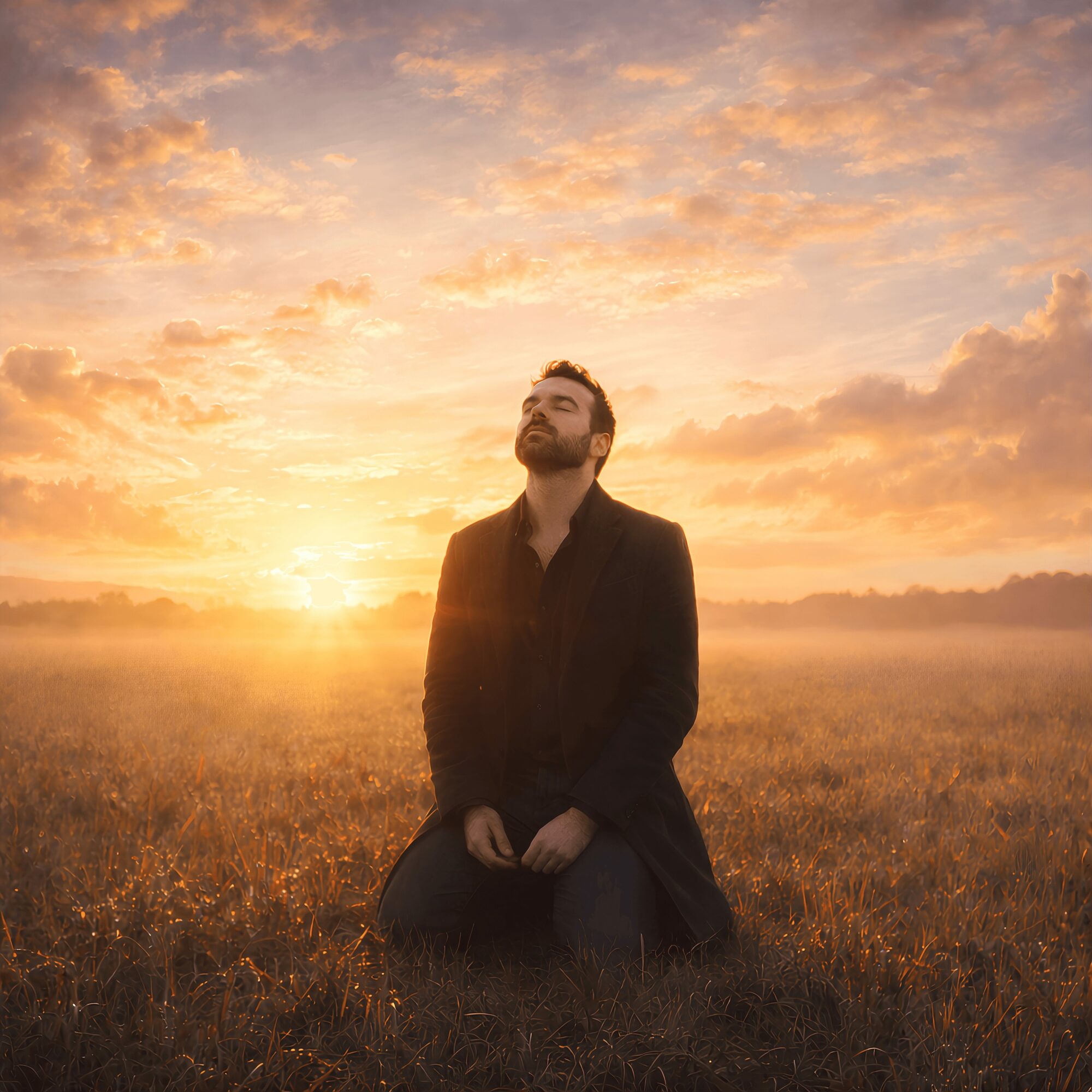Man kneeling in a field during sunset, looking up with a peaceful expression, sky filled with orange and pink clouds.
