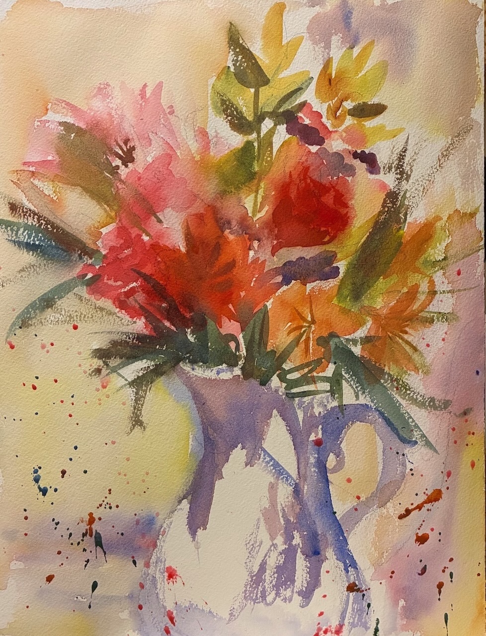 Colorful watercolor painting of a bouquet of flowers in a purple vase, with pink, yellow, orange, and green hues.