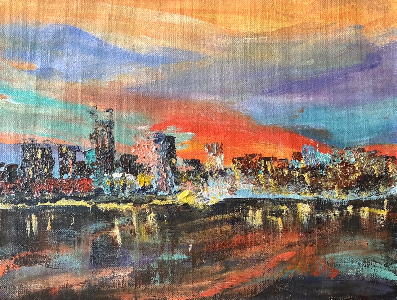 City skyline at sunset with colorful sky and reflections on water, painted in watercolor style.