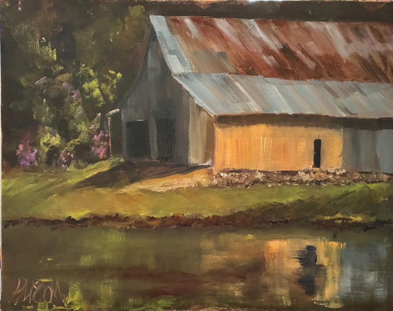 Rusty metal roofed barn beside a pond with reflections, surrounded by greenery and trees, in a landscape painting.