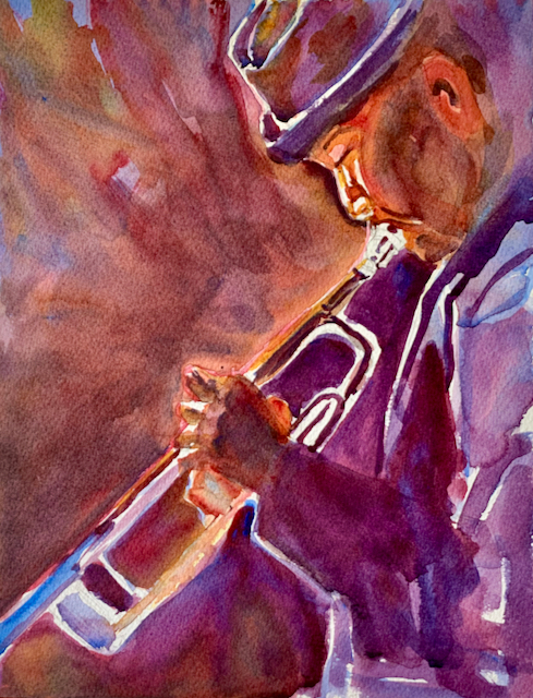 Person playing a saxophone, wearing a hat, with colorful background, in a watercolor style.