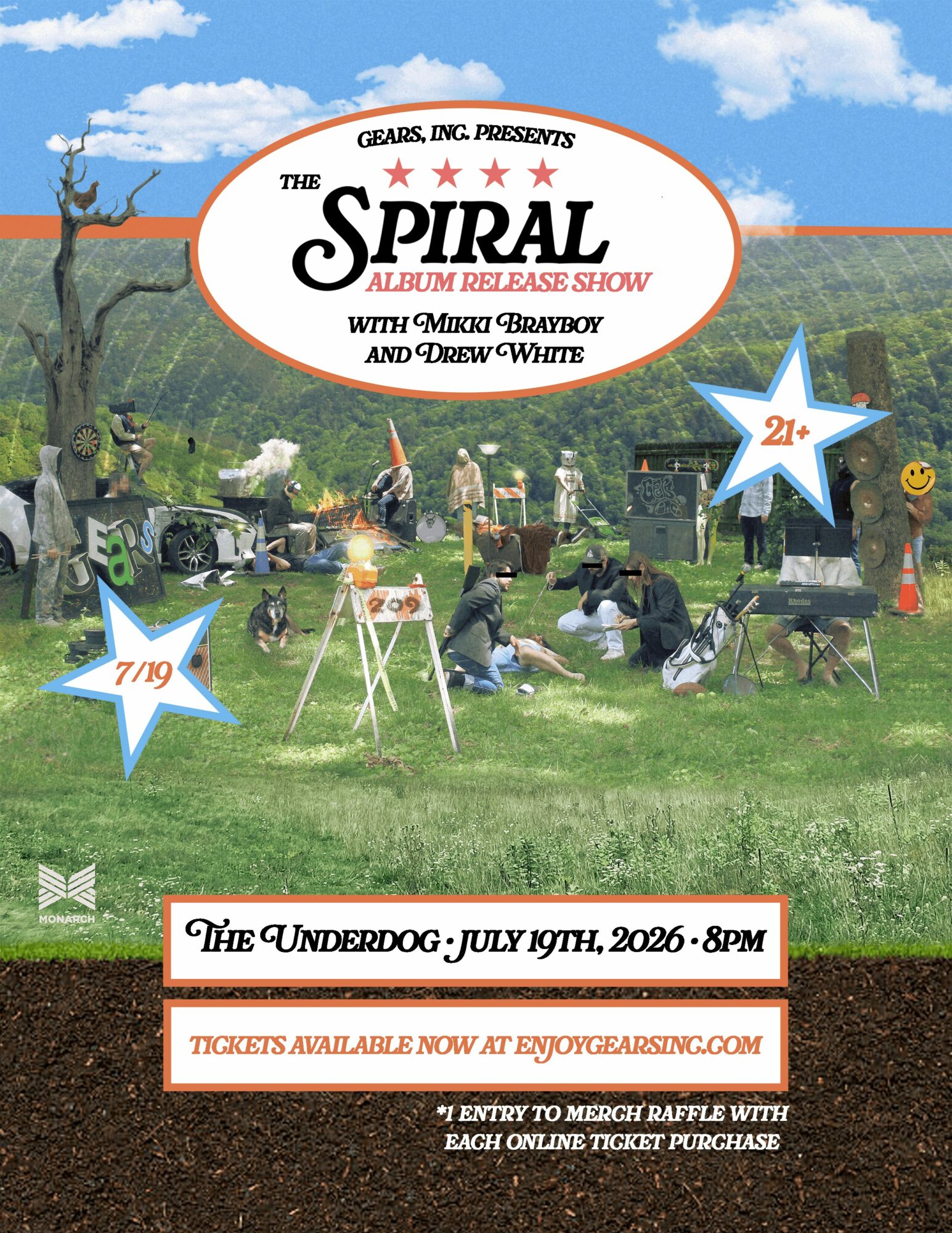 Outdoor event with tents, chairs, and people on grass under a blue sky, promoting a music album release show. Text details event date and tickets.