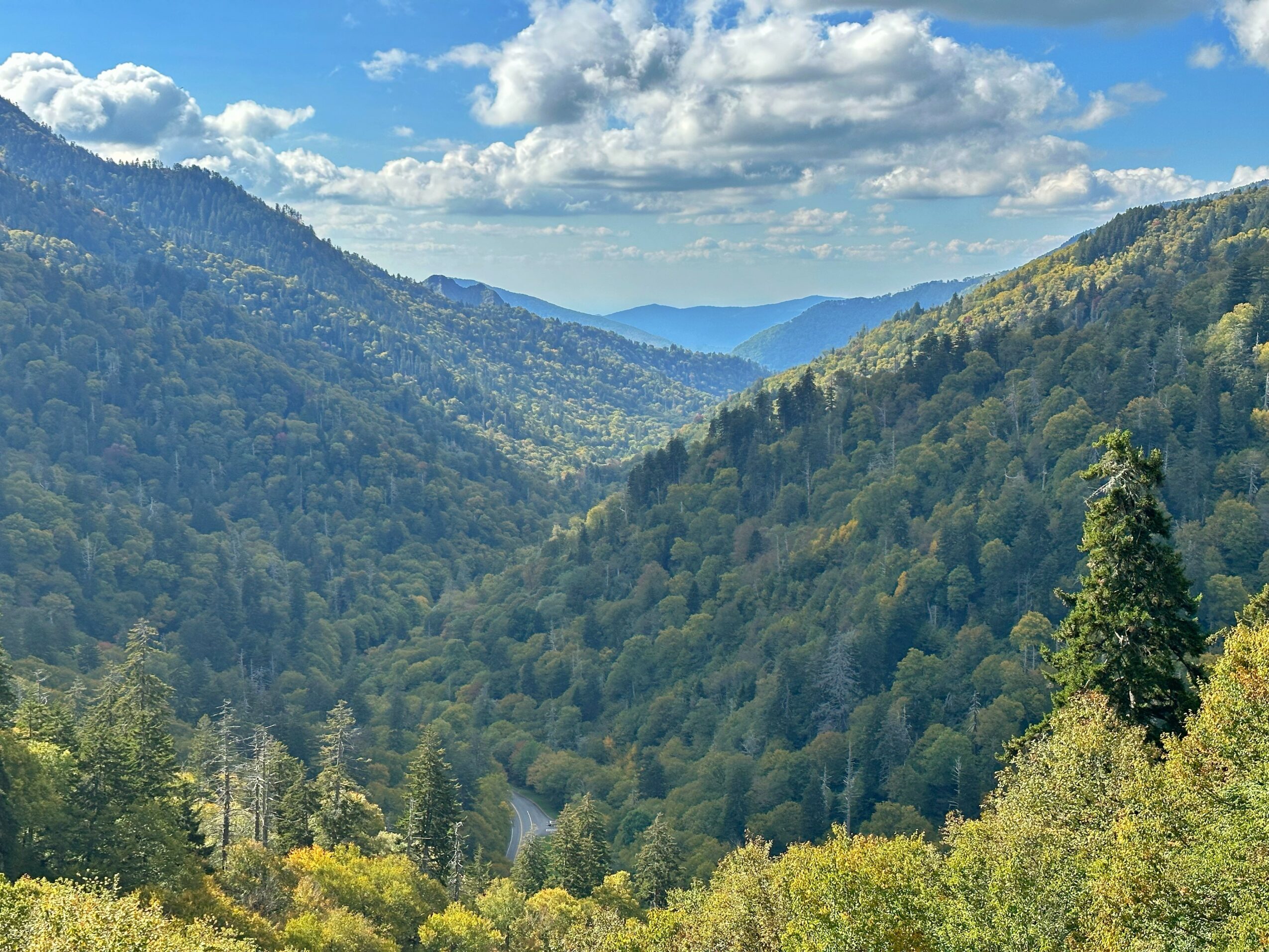 Scenic view of green mountains under a partly cloudy sky with distant mountain ranges.
